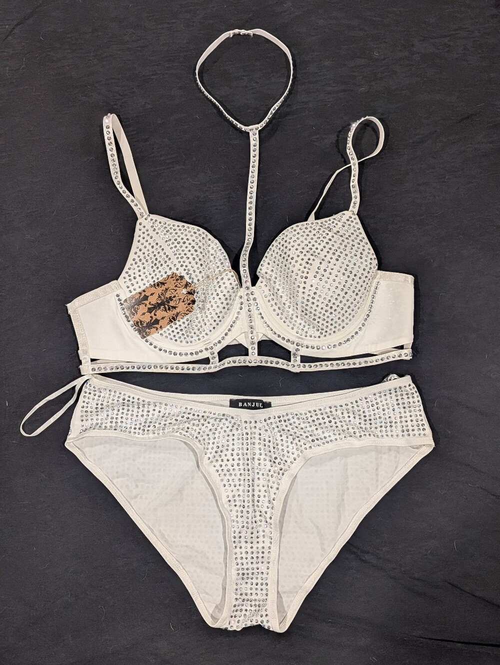 Banjul Rhinestone Embellished Swim Top White Zip Back  L